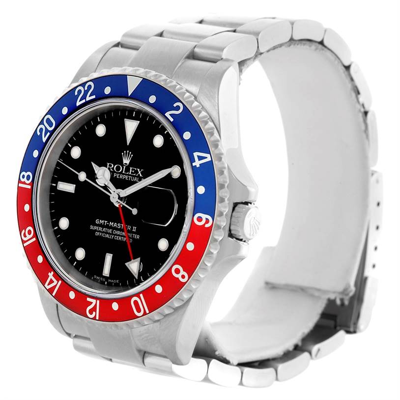The Rolex GMT-Master 16710 Men's Stainless Steel Black Dial 16710 Men's Stainless Steel Black Dial watch is displayed at a tilted angle, showing the bezel, dial, crown, and part of the bracelet.