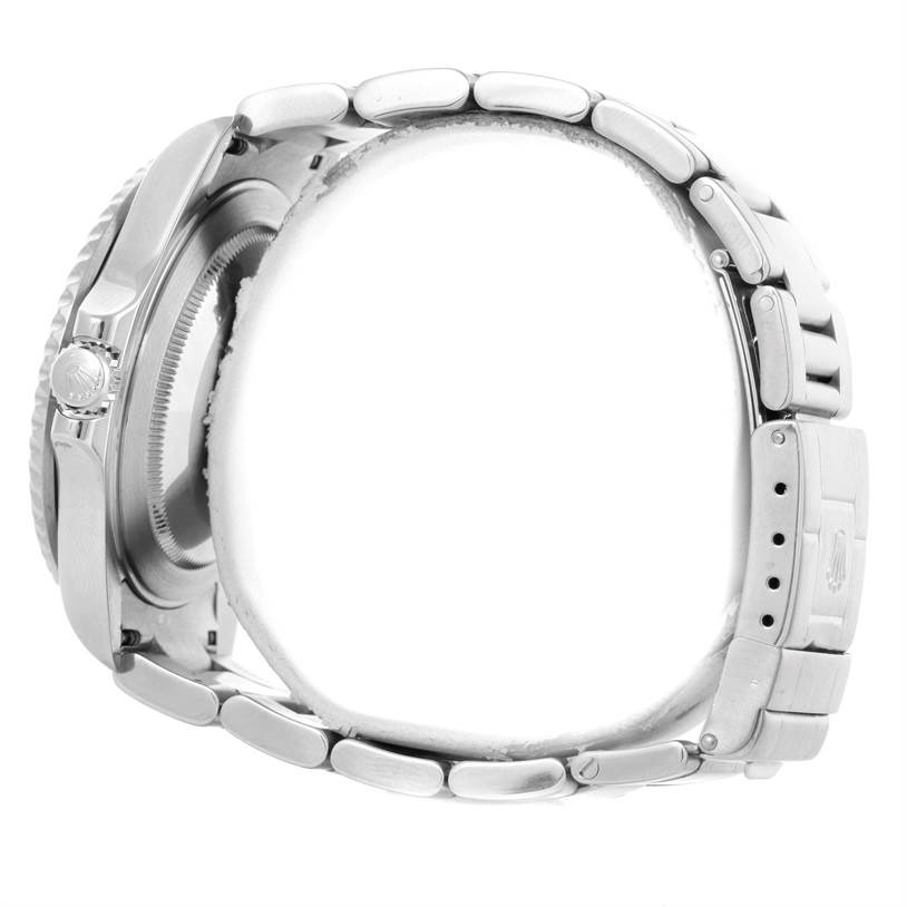 The image shows the side view of a Rolex GMT-Master 16710 Men's Stainless Steel Black Dial 16710 Men's Stainless Steel Black Dial watch, highlighting the bracelet, clasp, and case.