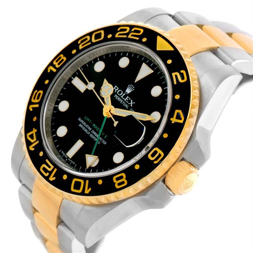 This is a side-angle view of the Rolex GMT-Master 116713LN Men's Stainless Steel Black Dial 116713LN Men's Stainless Steel Black Dial watch, showing its bezel, crown, and part of the bracelet.