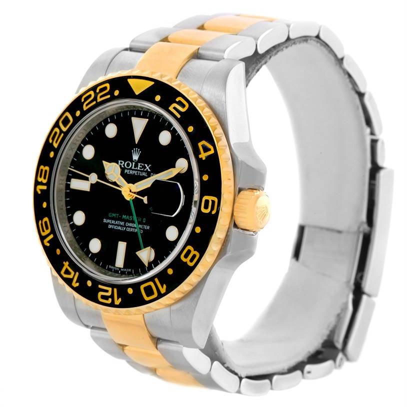 The image displays a Rolex GMT-Master 116713LN Men's Stainless Steel Black Dial 116713LN Men's Stainless Steel Black Dial watch angled to show the dial, bezel, case, and part of the bracelet.
