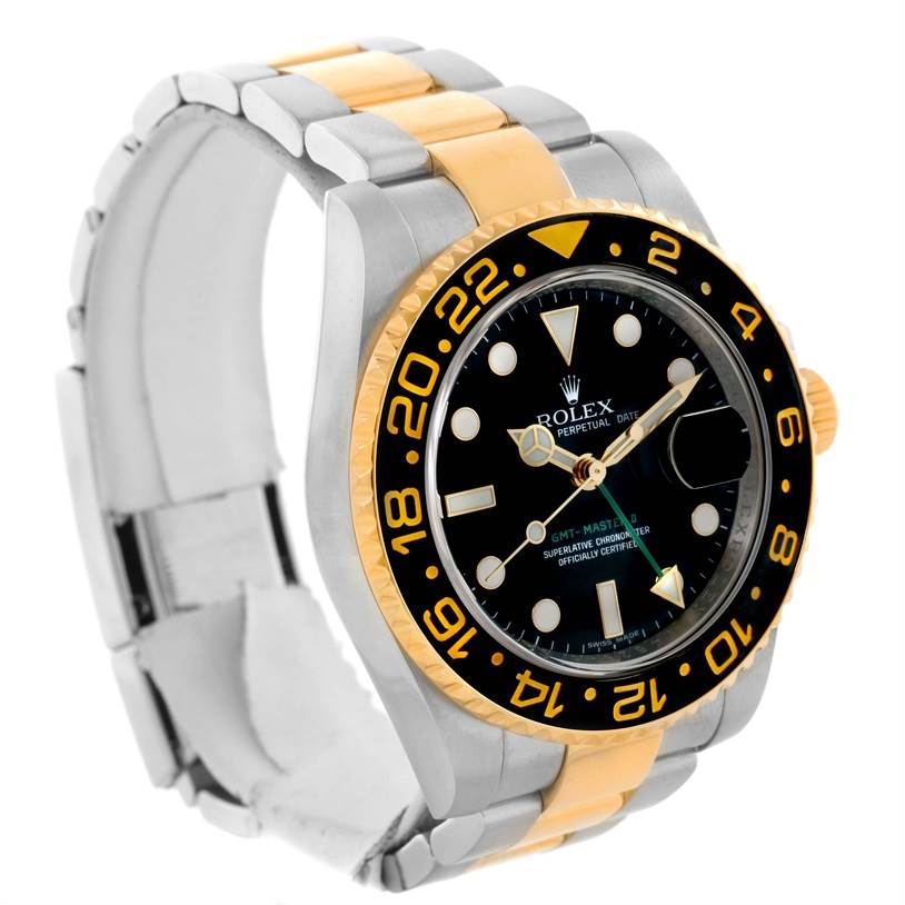 The image shows a side angle of a Rolex GMT-Master 116713LN Men's Stainless Steel Black Dial 116713LN Men's Stainless Steel Black Dial watch, highlighting the bezel, dial, and bracelet.