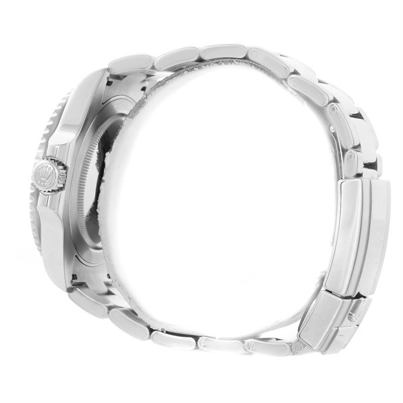 This image shows the side view of the Rolex GMT-Master 116710BLNR Men's Stainless Steel Black Dial 116710BLNR Men's Stainless Steel Black Dial watch, highlighting the crown and portion of the bracelet.