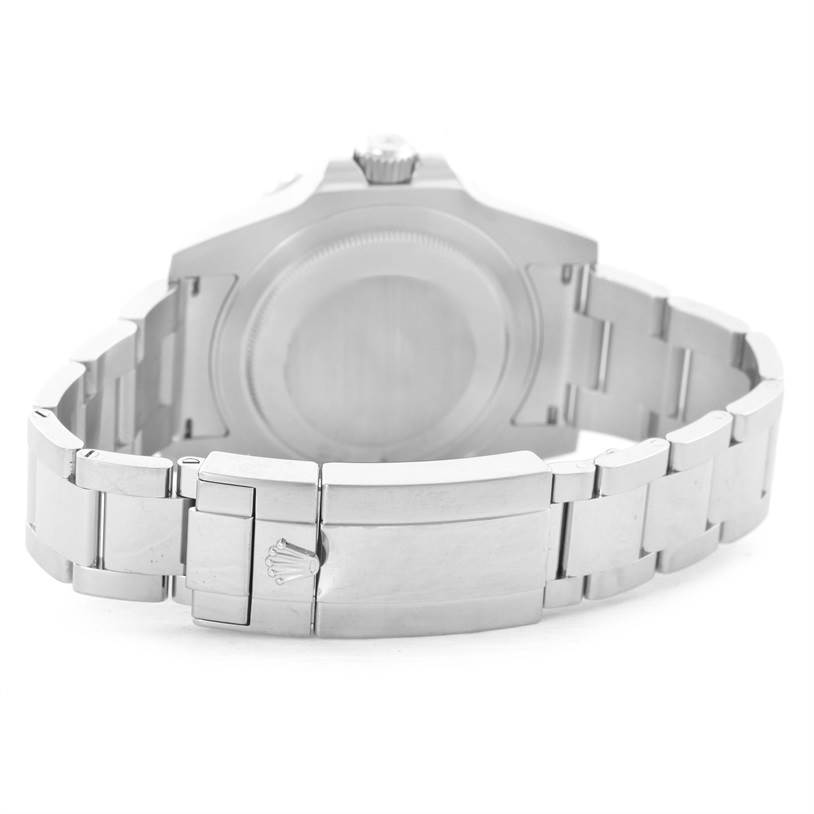 This image shows the clasp and case back of a Rolex GMT-Master 116710BLNR Men's Stainless Steel Black Dial 116710BLNR Men's Stainless Steel Black Dial watch from a rear angle.