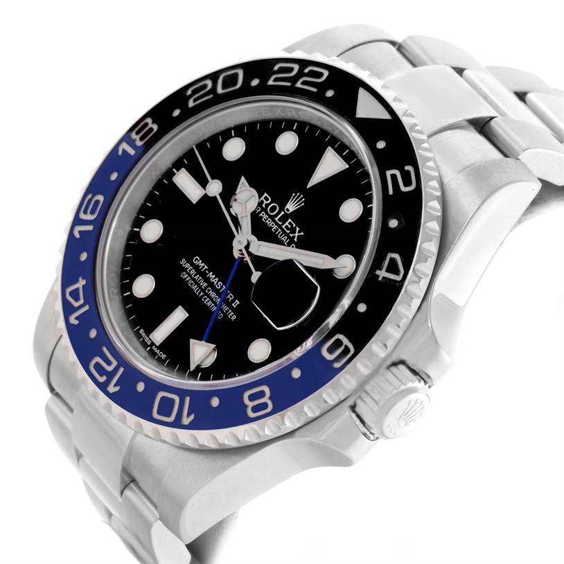 The image shows a Rolex GMT-Master 116710BLNR Men's Stainless Steel Black Dial 116710BLNR Men's Stainless Steel Black Dial II watch from an angled side view, highlighting the bezel, dial, and bracelet.