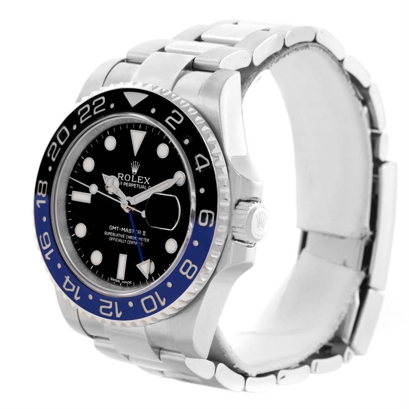 The image shows a front and side view of a Rolex GMT-Master 116710BLNR Men's Stainless Steel Black Dial 116710BLNR Men's Stainless Steel Black Dial II watch with a steel bracelet and a black and blue bezel.