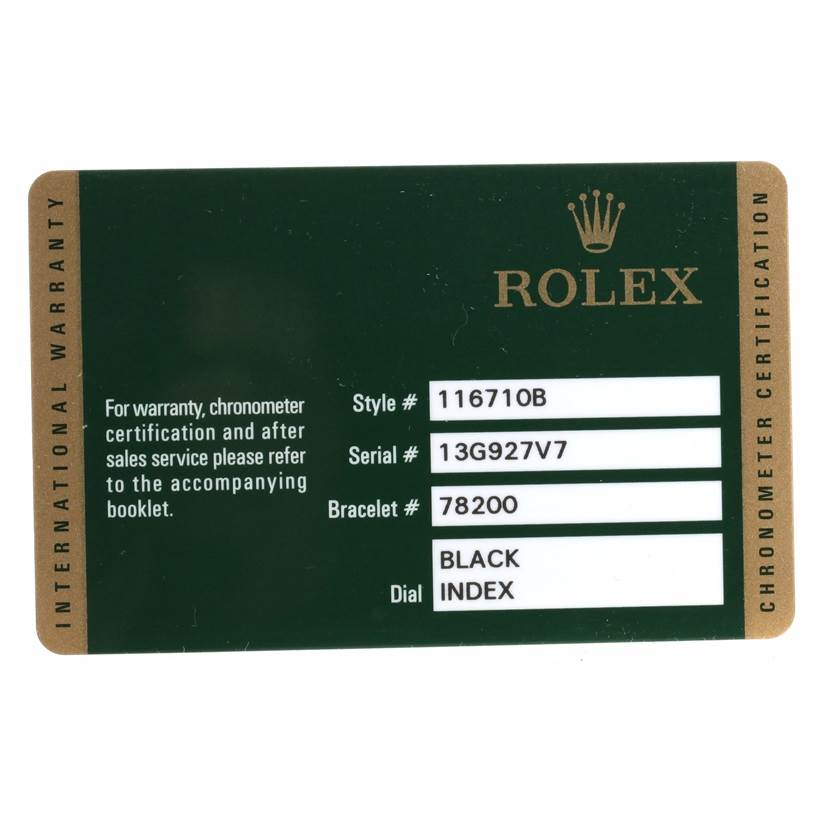 This image shows the warranty card for a Rolex GMT-Master 116710BLNR Men's Stainless Steel Black Dial 116710BLNR Men's Stainless Steel Black Dial model, detailing the style, serial, bracelet number, and dial type.