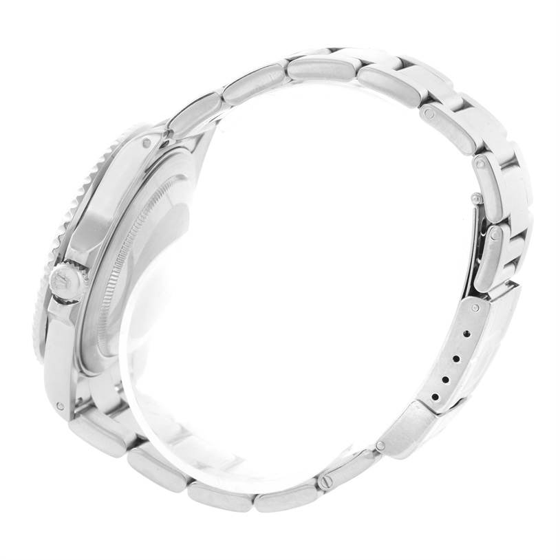 The image shows a side view of the case and the bracelet of a Rolex GMT-Master 16710 Men's Stainless Steel Black Dial 16710 Men's Stainless Steel Black Dial watch, highlighting the crown, lugs, and clasp.