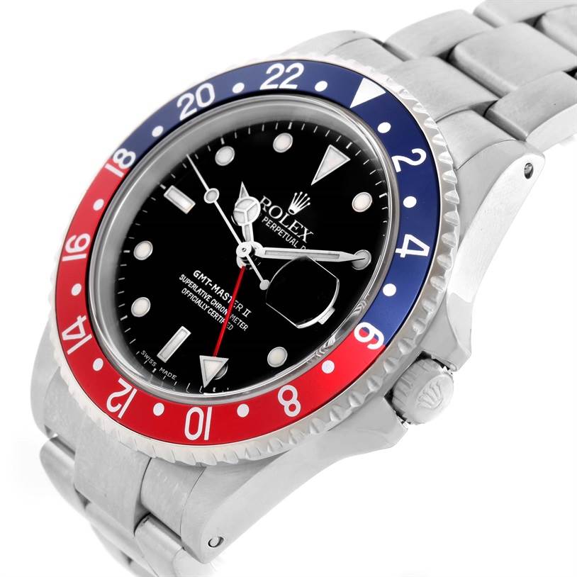 The image shows a Rolex GMT-Master 16710 Men's Stainless Steel Black Dial 16710 Men's Stainless Steel Black Dial II watch from an angled side view, highlighting the bezel, dial, and bracelet.
