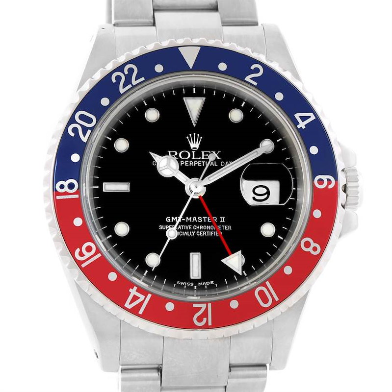 The image shows a front view of a Rolex GMT-Master II watch, highlighting its bezel, dial, and date window.