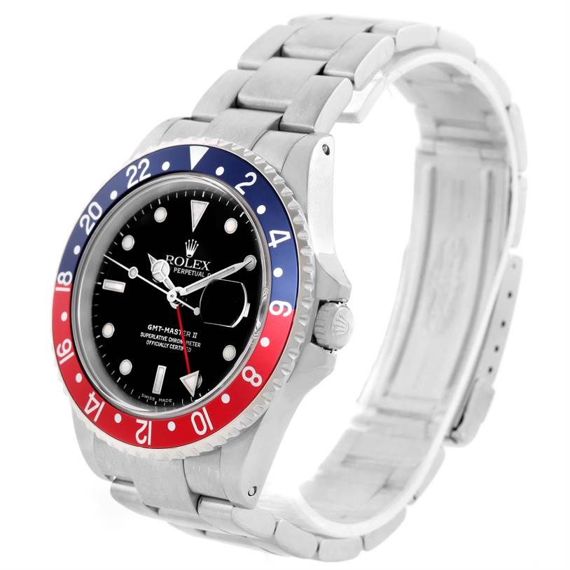The image shows a side and front view of a Rolex GMT-Master 16710 Men's Stainless Steel Black Dial 16710 Men's Stainless Steel Black Dial watch, featuring its dial, bezel, crown, and bracelet.