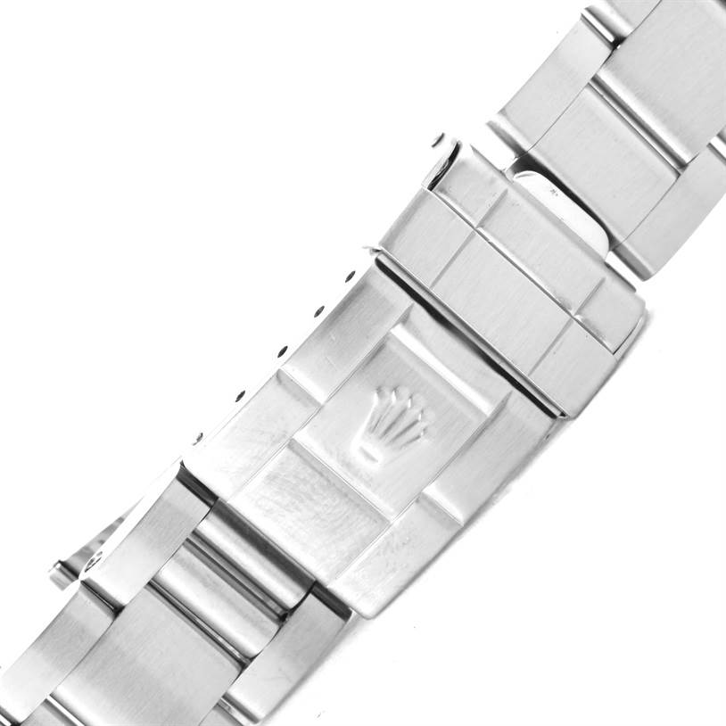 This image shows the clasp and part of the stainless steel bracelet of a Rolex GMT-Master 16710 Men's Stainless Steel Black Dial 16710 Men's Stainless Steel Black Dial watch.