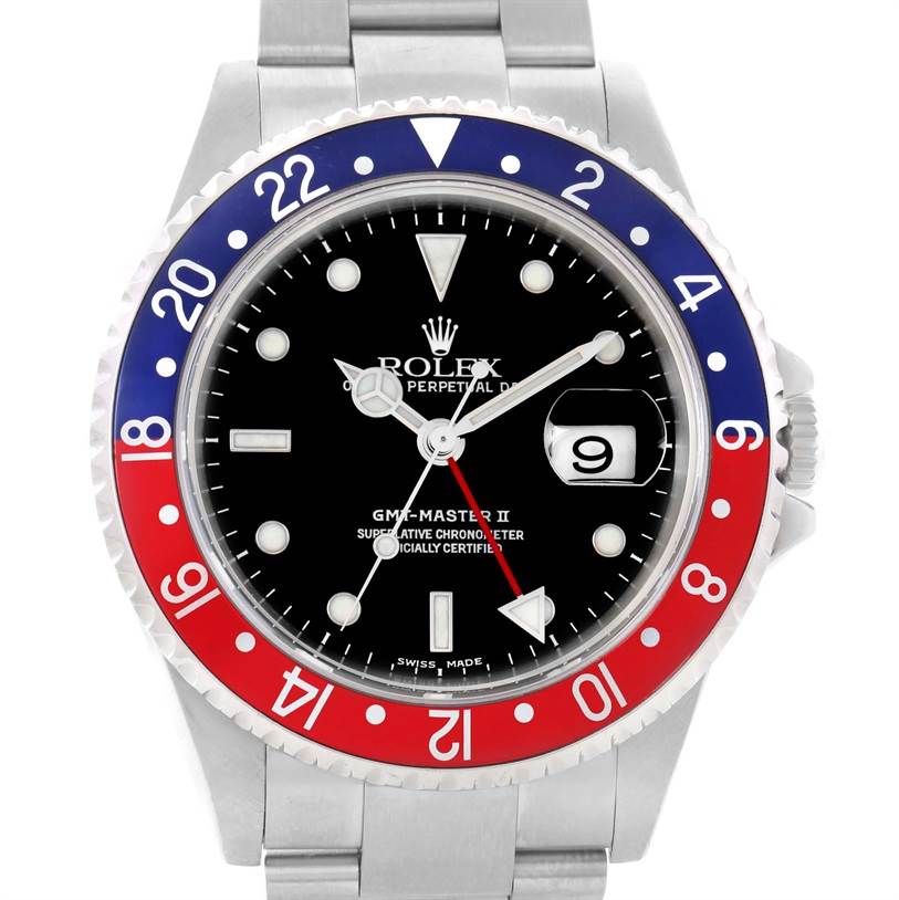This image shows a front view of the Rolex GMT-Master 16710 Men's Stainless Steel Black Dial 16710 Men's Stainless Steel Black Dial II watch with a black dial and red-blue bezel.