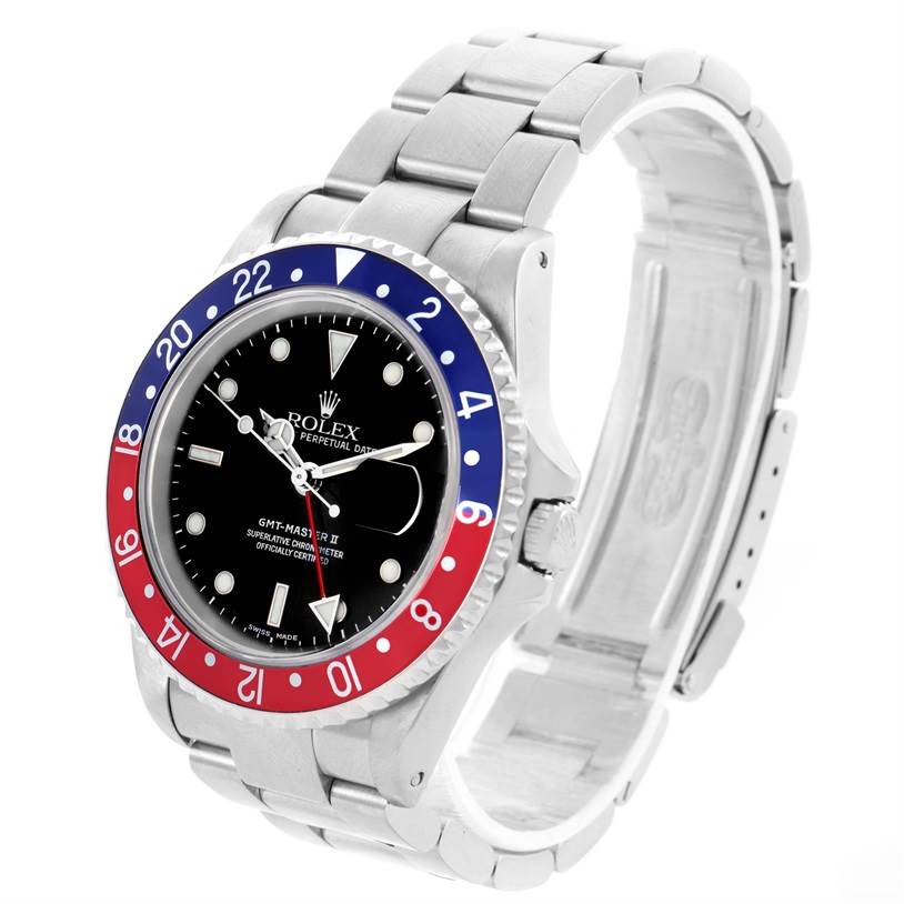 This Rolex GMT-Master 16710 Men's Stainless Steel Black Dial 16710 Men's Stainless Steel Black Dial watch is shown at an angled top view, highlighting the bezel, dial, and bracelet.