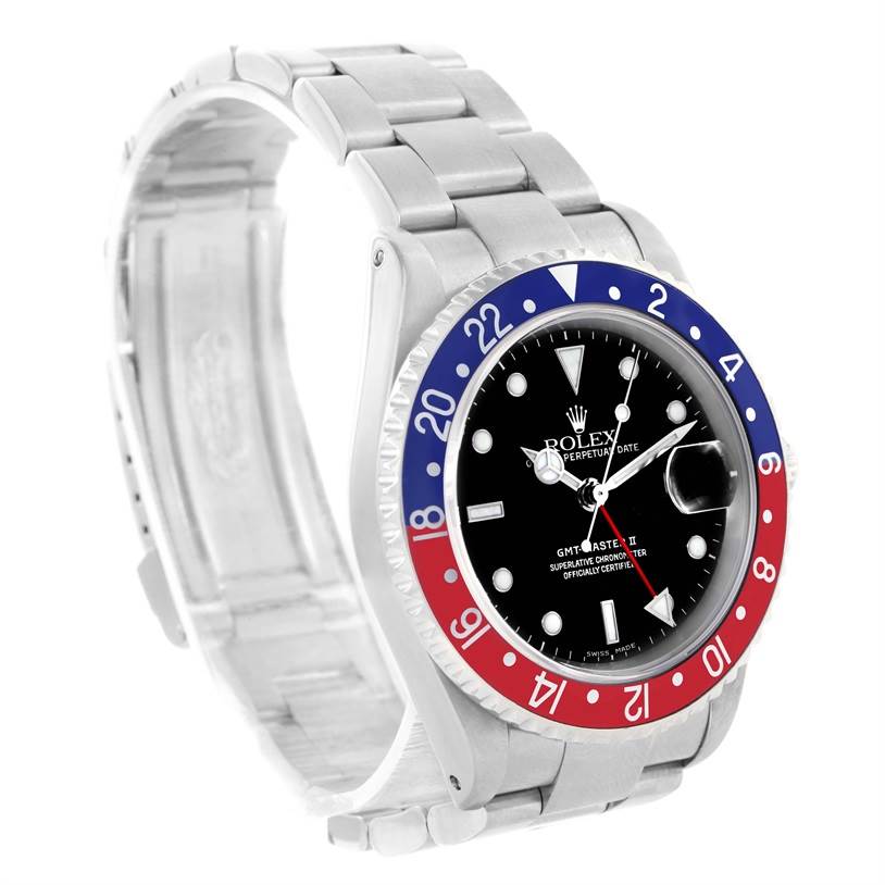 This image shows a Rolex GMT-Master 16710 Men's Stainless Steel Black Dial 16710 Men's Stainless Steel Black Dial II watch angled slightly from the left, highlighting the bezel, face, and stainless steel bracelet.