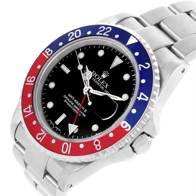 The image shows a Rolex GMT-Master 16710 Men's Stainless Steel Black Dial 16710 Men's Stainless Steel Black Dial watch at an angled perspective, highlighting the bezel, dial, crown, and bracelet.