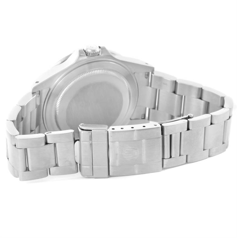 This image shows the back of a Rolex GMT-Master 16710 Men's Stainless Steel Black Dial 16710 Men's Stainless Steel Black Dial watch, featuring the case back and the bracelet with the clasp.