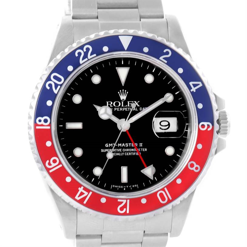 The image shows a front view of a Rolex GMT-Master 16710 Men's Stainless Steel Black Dial 16710 Men's Stainless Steel Black Dial II watch, displaying its dial, red and blue bezel, and date window.