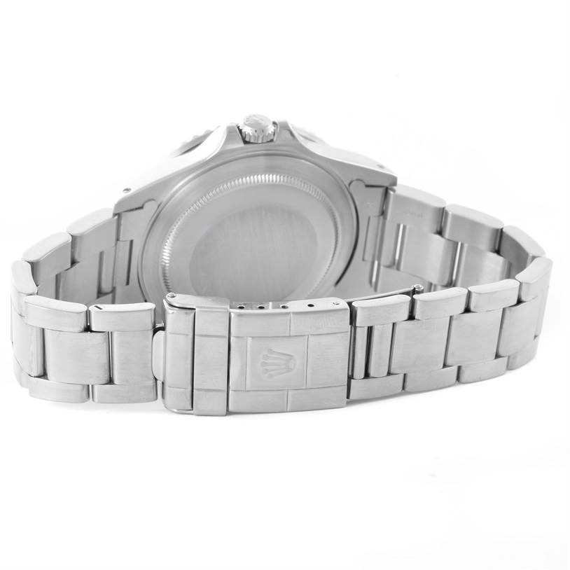 This image shows the back view of the Rolex GMT-Master 16710 Men's Stainless Steel Black Dial 16710 Men's Stainless Steel Black Dial watch, focusing on the case back and oyster bracelet with clasp.