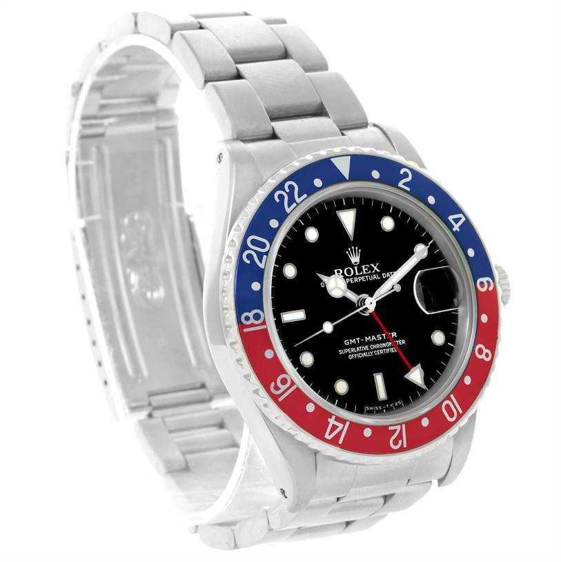 This Rolex GMT-Master 16700 Men's Stainless Steel Black Dial 16700 Men's Stainless Steel Black Dial watch is shown from an angled view, displaying the dial, bezel, crown, and part of the bracelet.