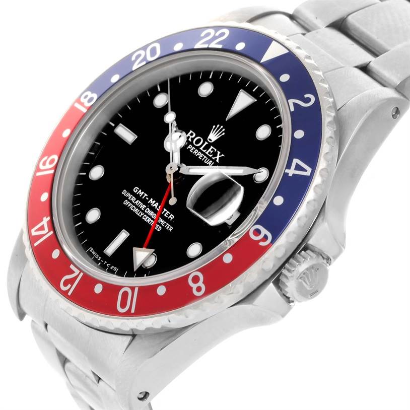 The image shows a close-up angle of a Rolex GMT-Master 16700 Men's Stainless Steel Black Dial 16700 Men's Stainless Steel Black Dial watch, highlighting its bezel, dial, and bracelet.