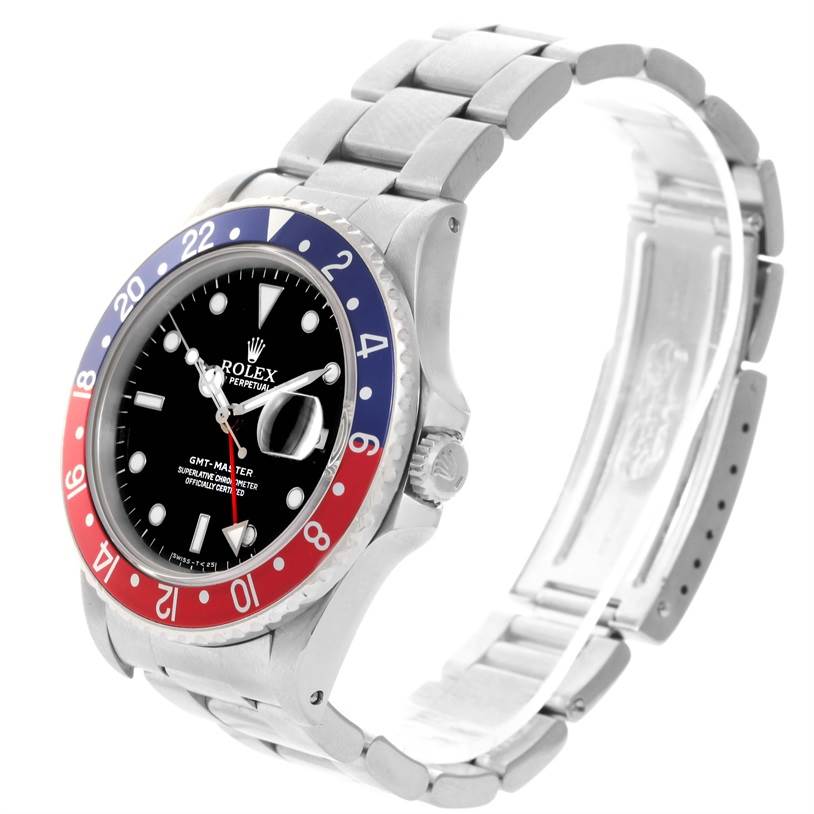The image shows a Rolex GMT-Master 16700 Men's Stainless Steel Black Dial 16700 Men's Stainless Steel Black Dial watch at a three-quarter angle, highlighting the bezel, dial, case, and part of the bracelet.