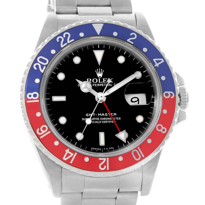 The Rolex GMT-Master 16700 Men's Stainless Steel Black Dial 16700 Men's Stainless Steel Black Dial watch is shown from a front angle, highlighting its bezel, dial, hands, and bracelet.