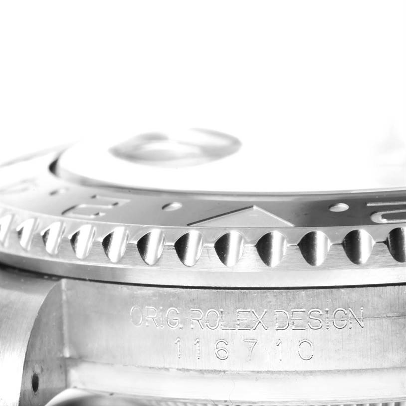 The image shows a close-up view of the bezel and case side of a Rolex GMT-Master 116710BLNR Men's Stainless Steel Black Dial 116710BLNR Men's Stainless Steel Black Dial watch, highlighting the model number and design.