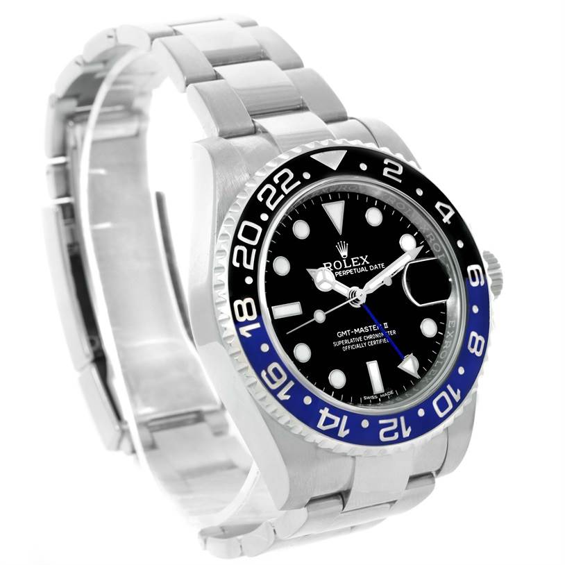 This image shows a Rolex GMT-Master 116710BLNR Men's Stainless Steel Black Dial 116710BLNR Men's Stainless Steel Black Dial watch at a slight left-angled view, highlighting the bezel, dial, and bracelet.