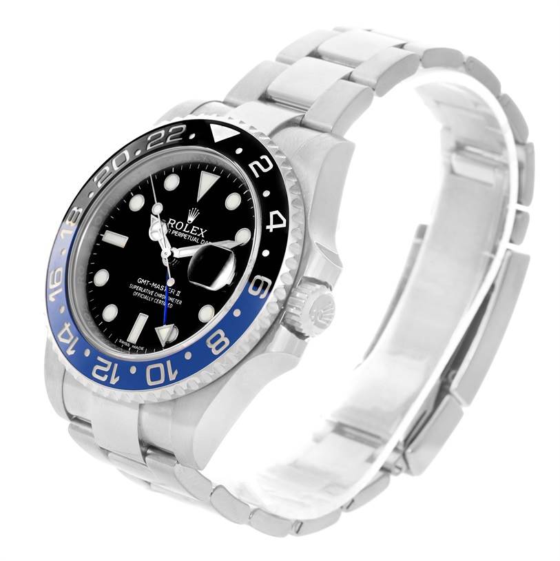 The image shows a side angle of a Rolex GMT-Master 116710BLNR Men's Stainless Steel Black Dial 116710BLNR Men's Stainless Steel Black Dial watch, focused on the bezel, dial, and partially extended metal bracelet.