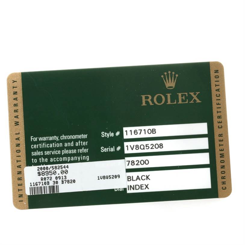 The image shows the warranty card for a Rolex GMT-Master 116710BLNR Men's Stainless Steel Black Dial 116710BLNR Men's Stainless Steel Black Dial, featuring serial and style numbers.