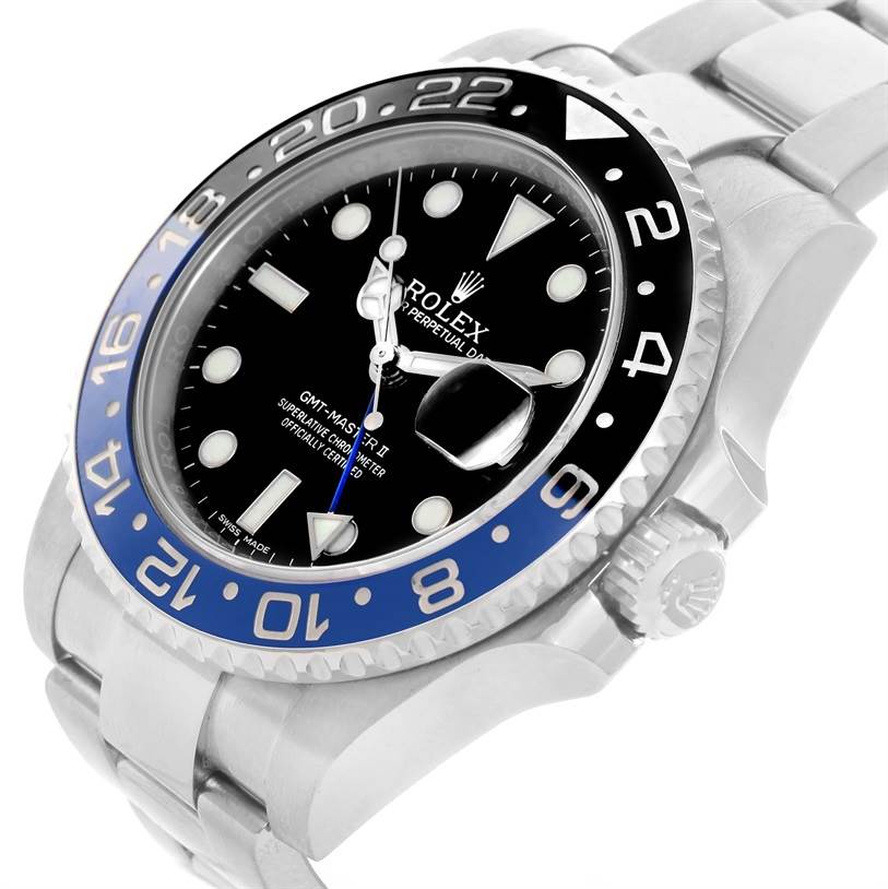 The Rolex GMT-Master 116710BLNR Men's Stainless Steel Black Dial 116710BLNR Men's Stainless Steel Black Dial watch is shown at an angle displaying the face, bezel, crown, and part of the bracelet.