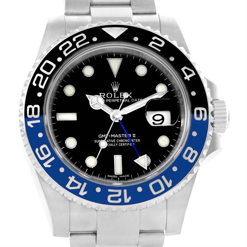 This Rolex GMT-Master 116710BLNR Men's Stainless Steel Black Dial 116710BLNR Men's Stainless Steel Black Dial II watch is shown from a front angle, displaying the bezel, dial, hands, and case.