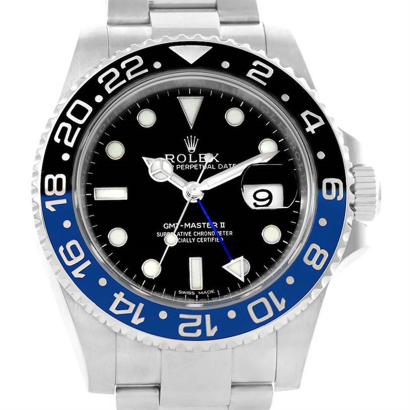 This Rolex GMT-Master II watch is shown from a front angle, displaying the bezel, dial, hands, and case.