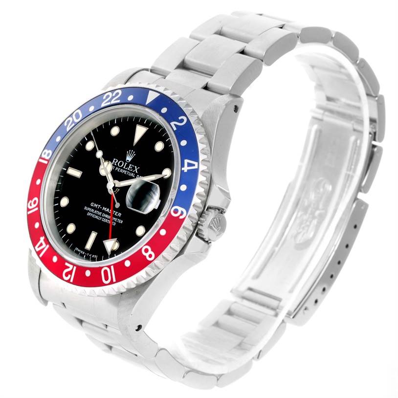 The Rolex GMT-Master 16700 Men's Stainless Steel Black Dial 16700 Men's Stainless Steel Black Dial watch is shown at an angled side view, displaying the bezel, dial, bracelet, and crown.