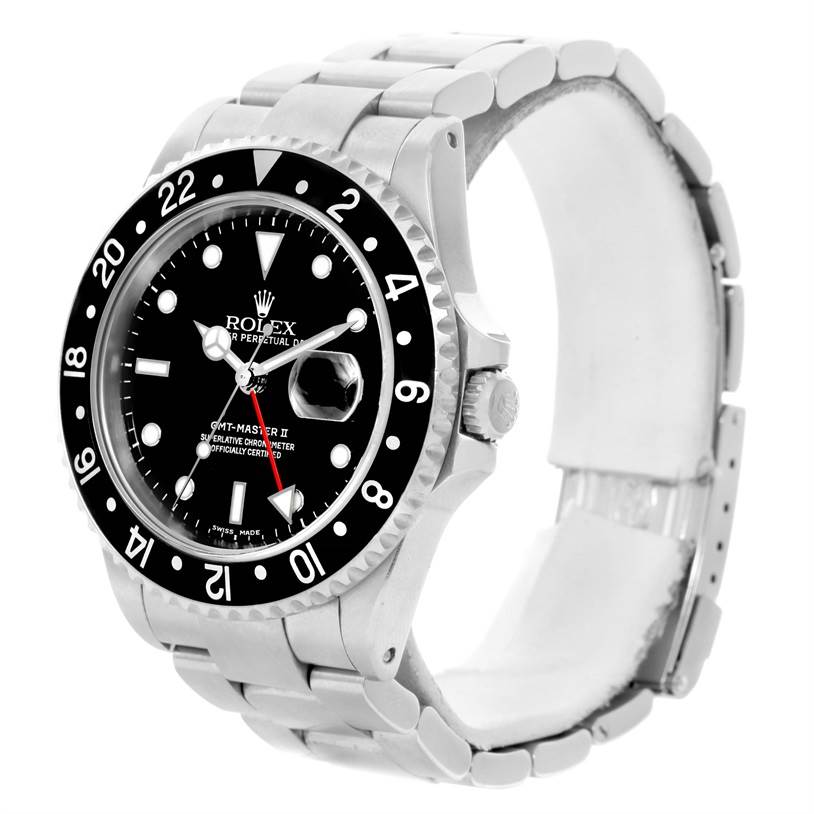 The image shows a front angle of a Rolex GMT-Master 16710 Men's Stainless Steel Black Dial 16710 Men's Stainless Steel Black Dial watch, displaying the bezel, dial, crown, and metal bracelet.