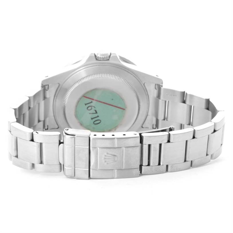 This image shows the back case and bracelet of a Rolex GMT-Master 16710 Men's Stainless Steel Black Dial 16710 Men's Stainless Steel Black Dial watch, taken from a rear angle.