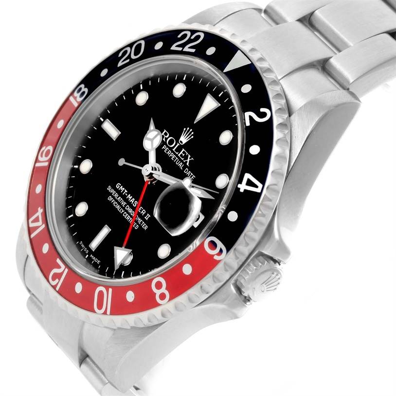 The Rolex GMT-Master 16710 Men's Stainless Steel Black Dial 16710 Men's Stainless Steel Black Dial watch is shown at an oblique angle, highlighting its bezel, dial, hands, and part of the bracelet.