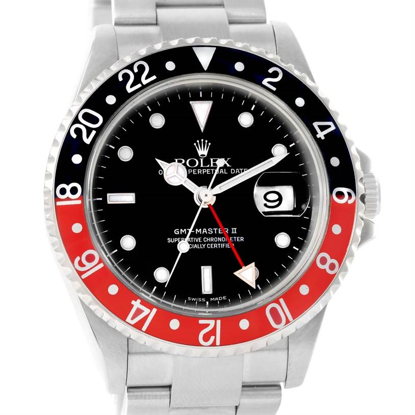 The image shows a frontal view of a Rolex GMT-Master 16710 Men's Stainless Steel Black Dial 16710 Men's Stainless Steel Black Dial II watch, highlighting its bezel, dial, hands, and bracelet.