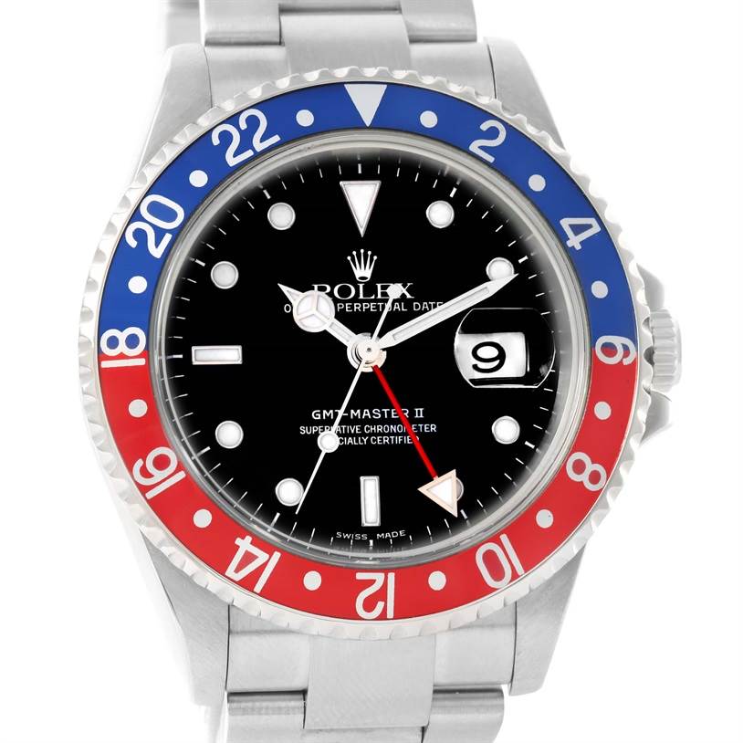 This image shows a front view of a Rolex GMT-Master 16710 Men's Stainless Steel Black Dial 16710 Men's Stainless Steel Black Dial II watch, highlighting the dial, bezel, and bracelet.