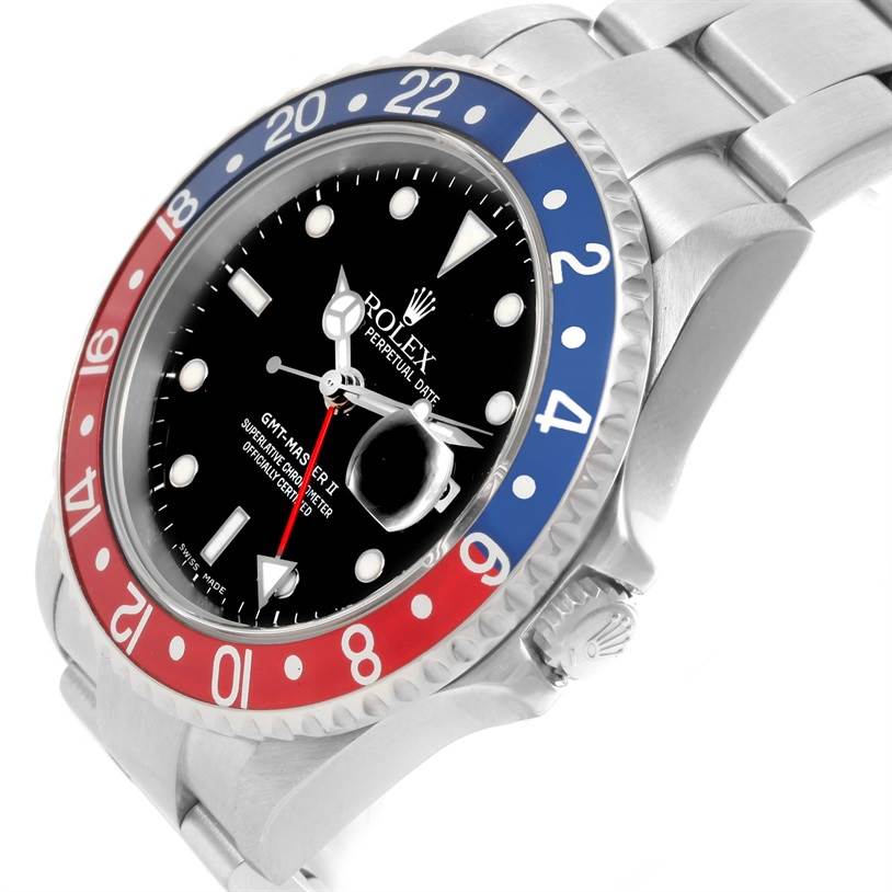 The image shows a Rolex GMT-Master 16710 Men's Stainless Steel Black Dial 16710 Men's Stainless Steel Black Dial watch from a side angle, highlighting its bezel, face, and crown.