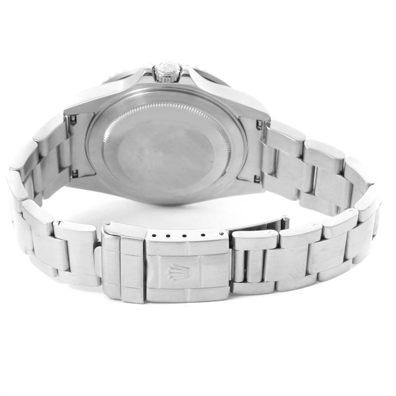 This image shows the back view of the Rolex GMT-Master 16710 Men's Stainless Steel Black Dial 16710 Men's Stainless Steel Black Dial watch, highlighting its closed clasp and bracelet.