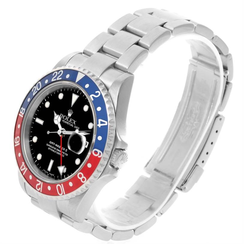 This image shows a Rolex GMT-Master 16710 Men's Stainless Steel Black Dial 16710 Men's Stainless Steel Black Dial watch at a 3/4 angle, highlighting the dial, bezel, case, and bracelet.
