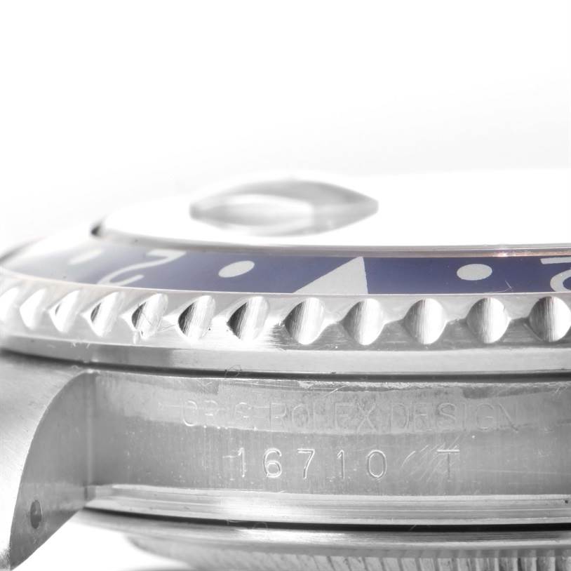 The image shows a close-up side view of the bezel and case side of a Rolex GMT-Master 16710 Men's Stainless Steel Black Dial 16710 Men's Stainless Steel Black Dial watch, highlighting the model number 16710.