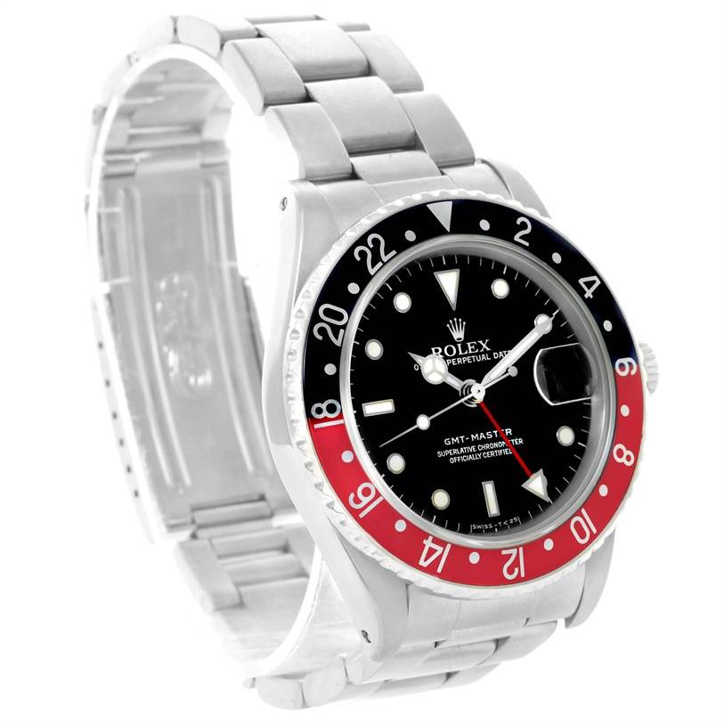 The image shows a front and side angle of a Rolex GMT-Master 16700 Men's Stainless Steel Black Dial 16700 Men's Stainless Steel Black Dial watch, highlighting the bezel, dial, and bracelet.