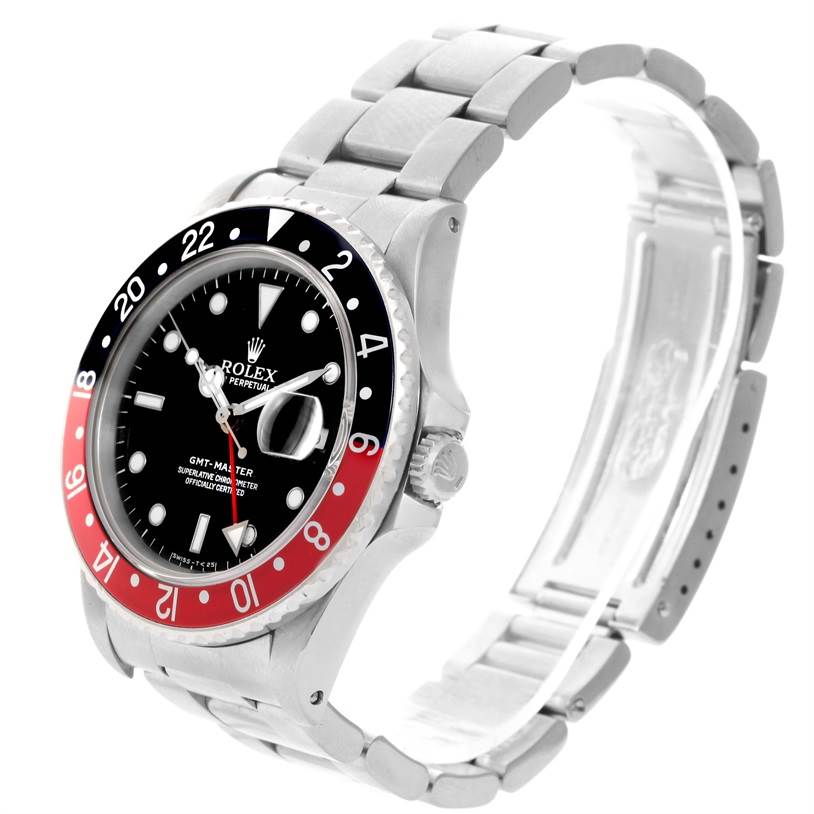 The Rolex GMT-Master 16700 Men's Stainless Steel Black Dial 16700 Men's Stainless Steel Black Dial watch is shown at a three-quarter angle featuring its bezel, dial, crown, and bracelet.