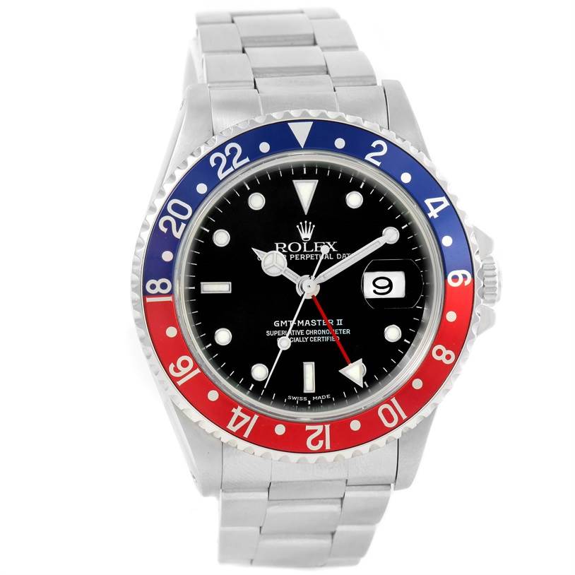 The image shows a frontal view of the Rolex GMT-Master 16710 Men's Stainless Steel Black Dial 16710 Men's Stainless Steel Black Dial II, highlighting the dial, bezel, and bracelet.