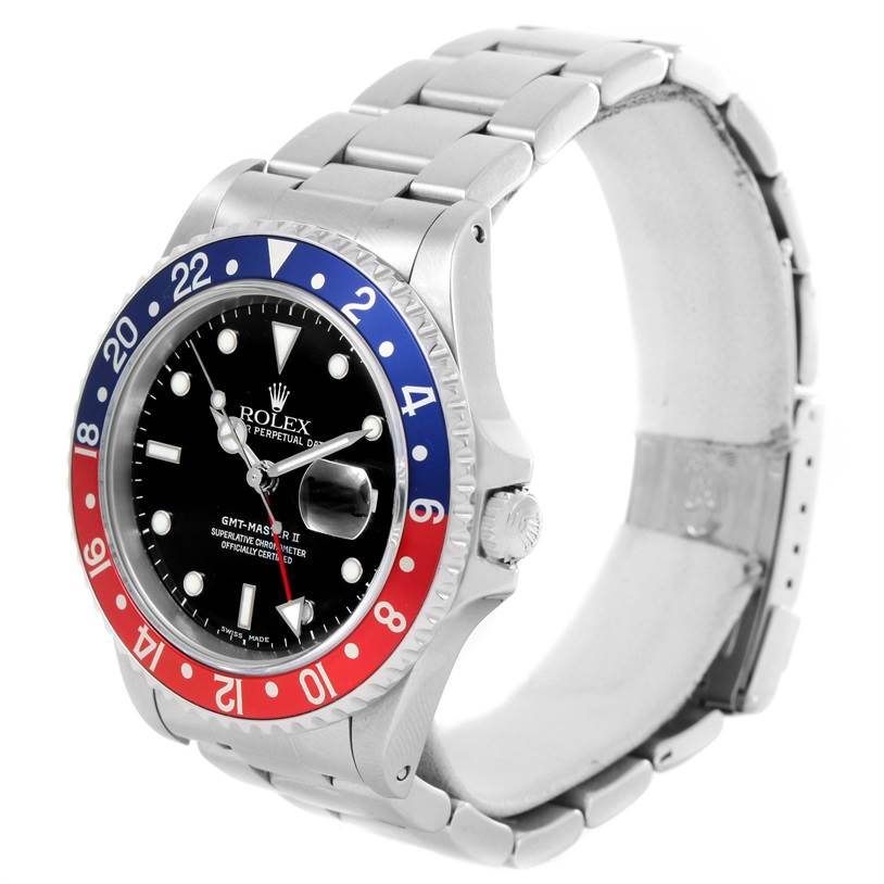 The image depicts a Rolex GMT-Master 16710 Men's Stainless Steel Black Dial 16710 Men's Stainless Steel Black Dial watch at a three-quarter angle showing the bezel, dial, case, and bracelet.