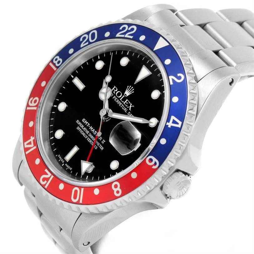 The image shows a close-up angle of the Rolex GMT-Master 16710 Men's Stainless Steel Black Dial 16710 Men's Stainless Steel Black Dial II, highlighting its bezel, dial, and bracelet.