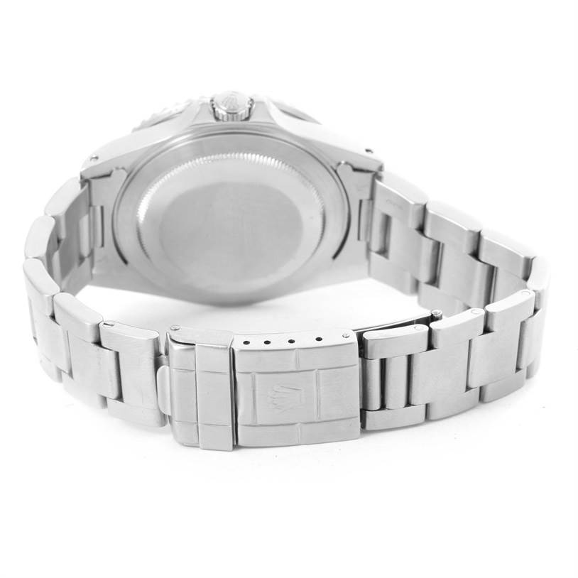 The image shows the back view of a Rolex GMT-Master 16710 Men's Stainless Steel Black Dial 16710 Men's Stainless Steel Black Dial watch, highlighting its case back and metal bracelet with the clasp.