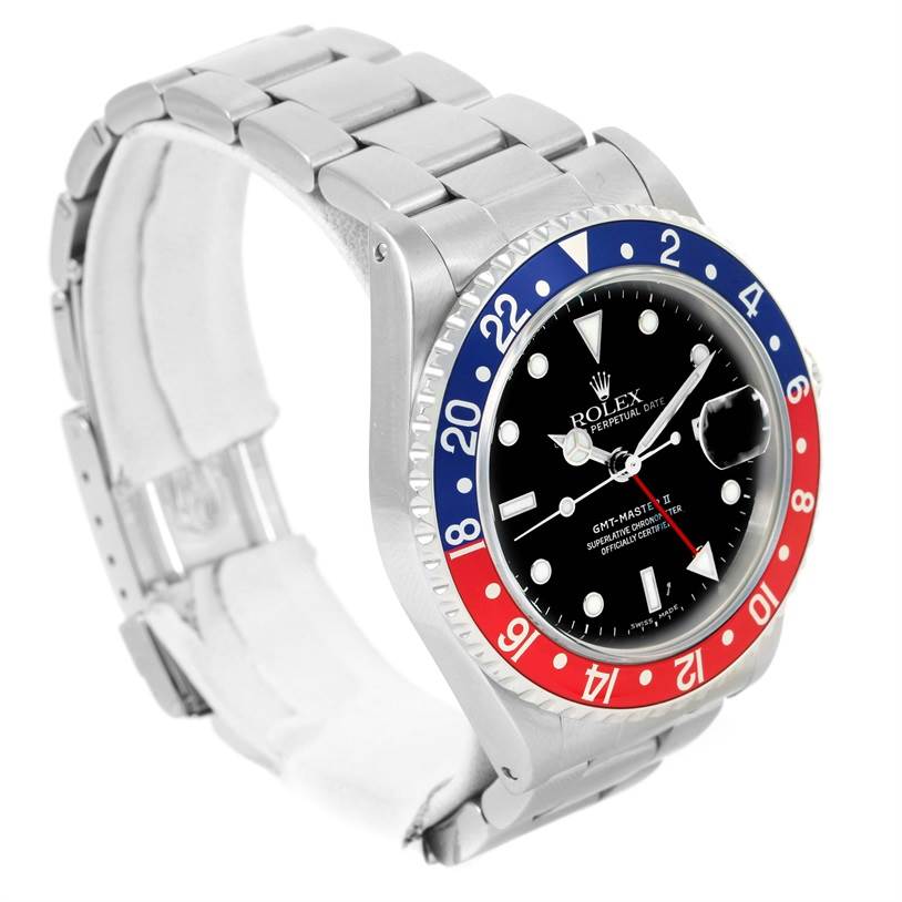 The image shows a side view of a Rolex GMT-Master 16710 Men's Stainless Steel Black Dial 16710 Men's Stainless Steel Black Dial watch featuring its black dial and red-blue bezel.